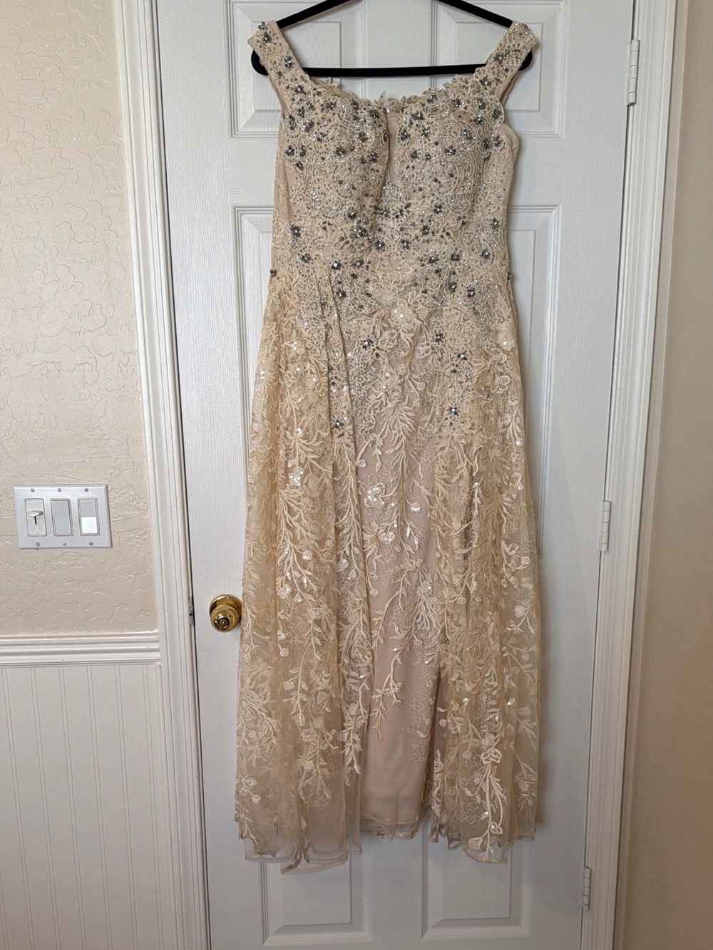 Embroidered Champagne Maxi Dress with Beaded Accents